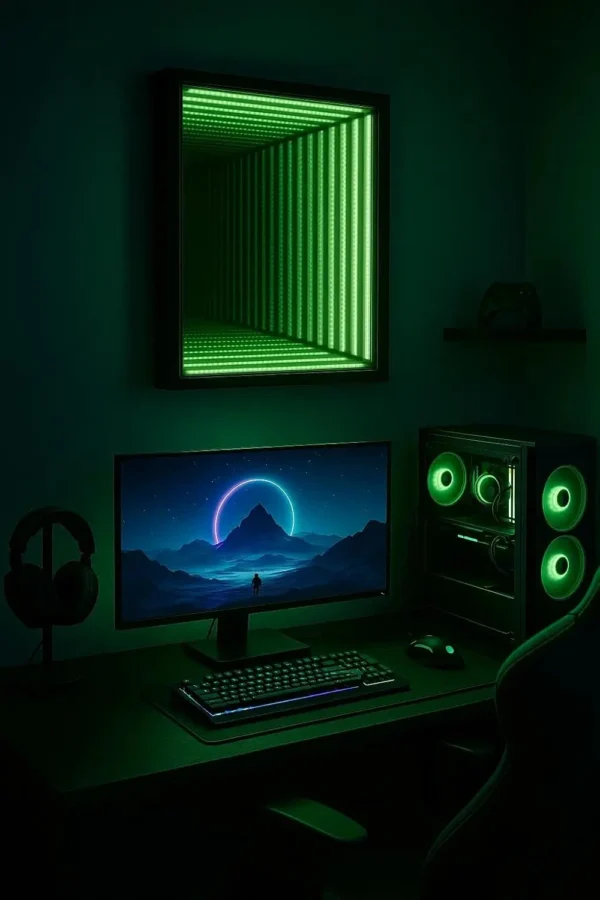 Infinity LED RGB Wall Art بتأثير المرايا اللامتناهي داخل غرفة معيشة مودرن، تابلوه إضاءة حائط أنيق من Infinity Decor Egypt