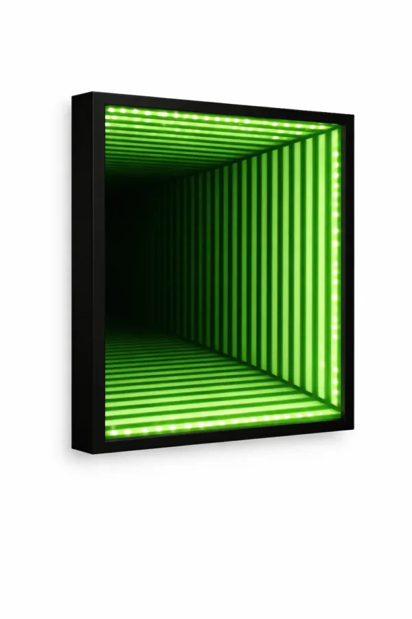 تابلوه Infinity LED RGB Wall Art بإضاءة ليد RGB متعددة الألوان مع ريموت كنترول، يتميز بتأثير المرايا اللامتناهي، إطار MDF أسود مطفي وزجاج فاميه مقسّى، مناسب للديكور المودرن وغرف الجيمينج.
